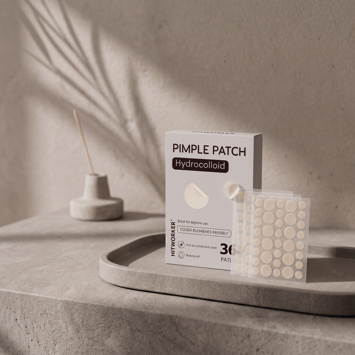 Colder Mornings acne patch - close-up on ceramic tray