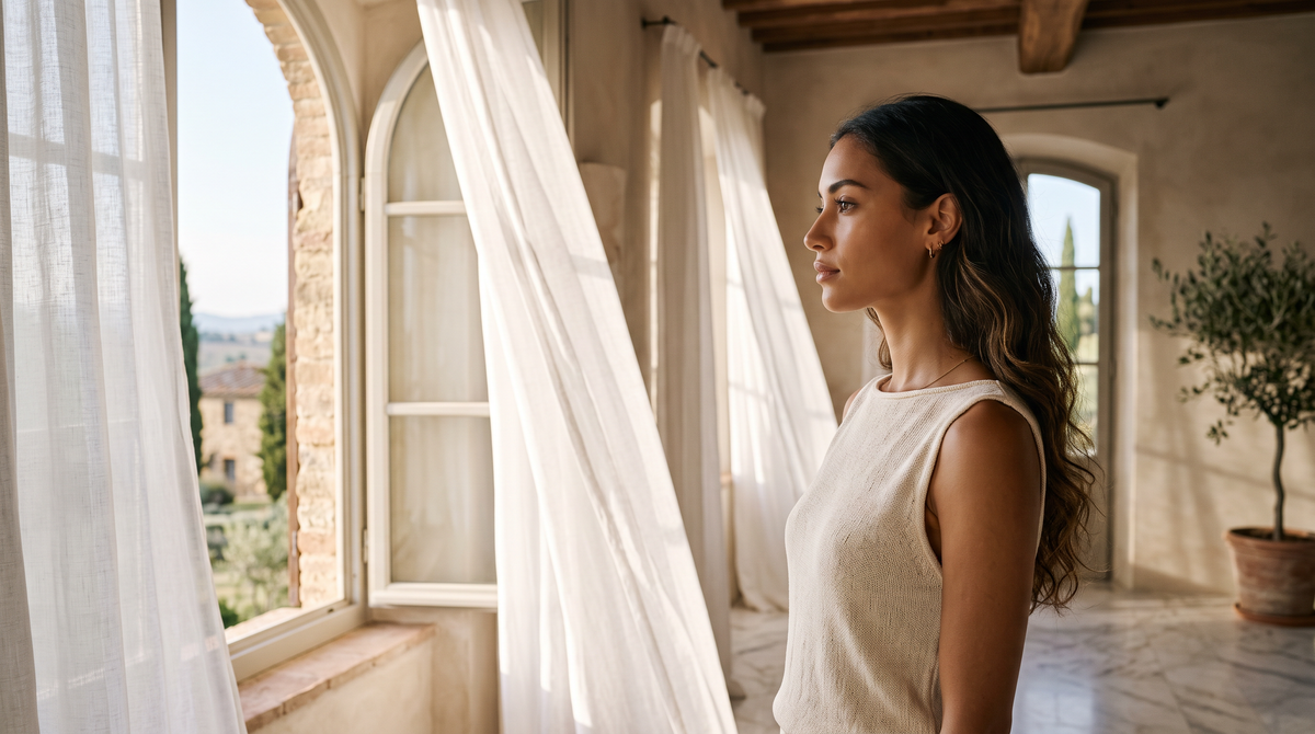 Colder Mornings Shop All banner - woman looking out window