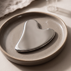 Colder Mornings gua sha board - close-up on ceramic tray
