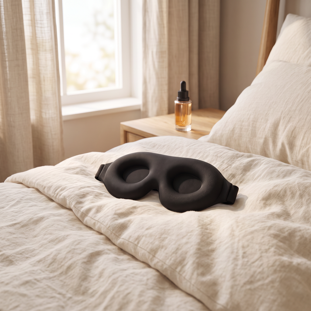 Colder Mornings sleep eye mask - lifestyle on bedding near window