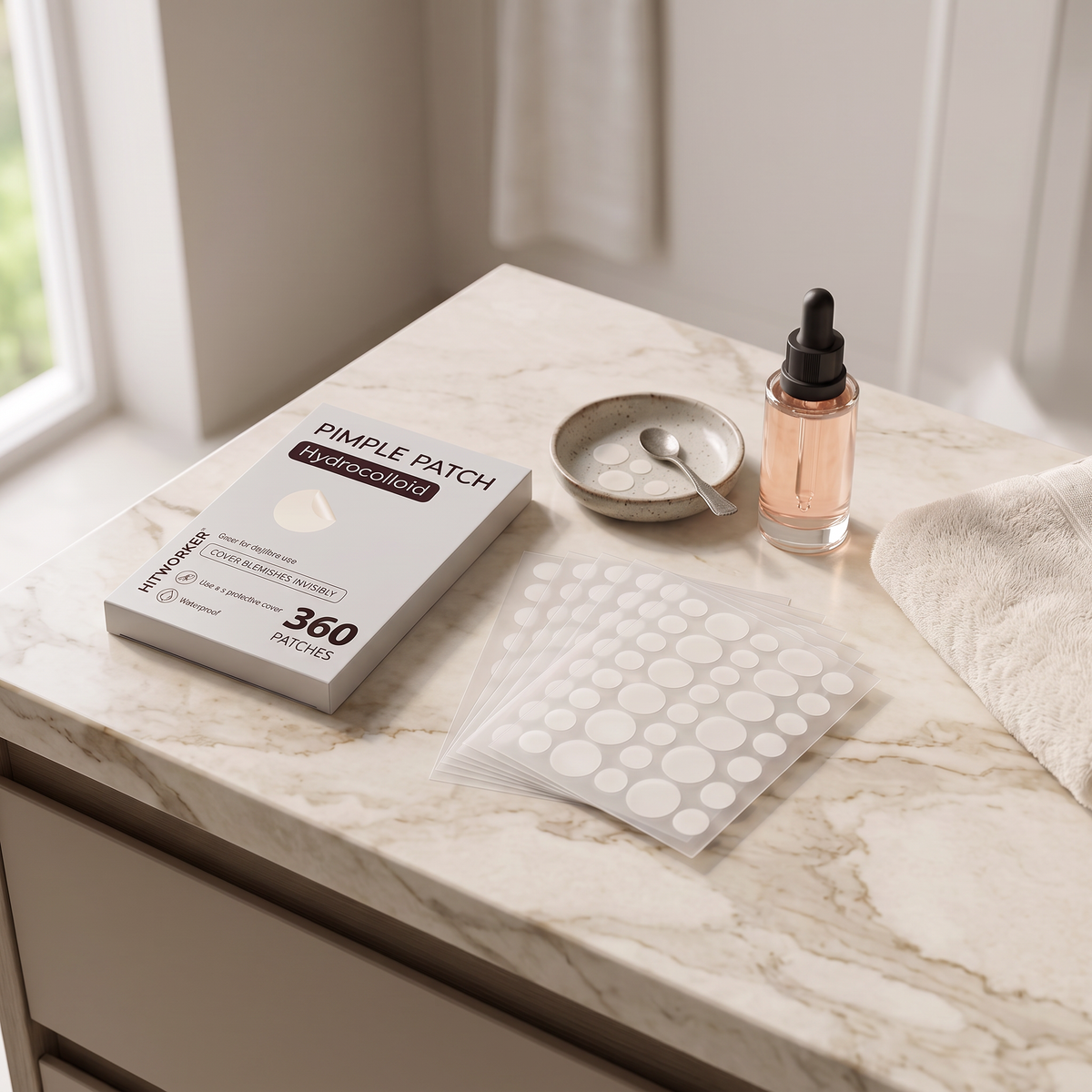 Colder Mornings acne patch - lifestyle marble bathroom counter
