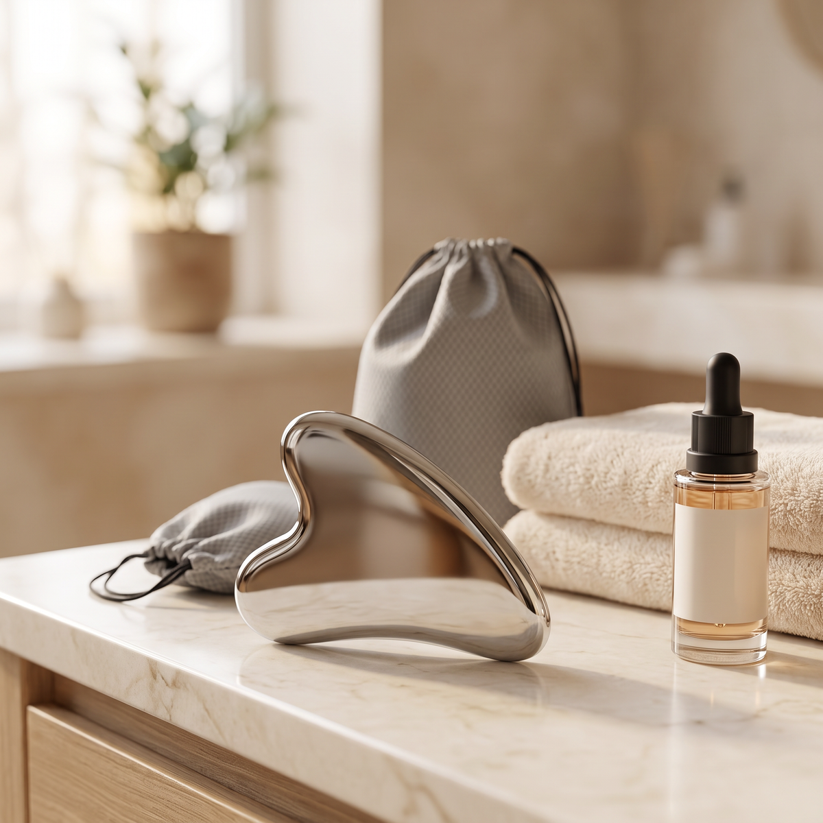Colder Mornings gua sha board - lifestyle marble bathroom counter